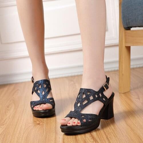 Genuine Leather Women Sandals Fashion High-heeled Sandals 2019 New Summer Outdoor Slippers Mother Buckle Large Size Shoes Women