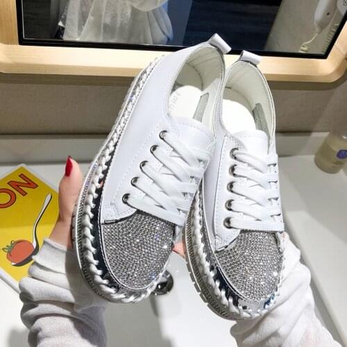 Comemore Women Crystal Shoes 2021 Spring Fashion Bling Lace Up Ladies Casual Comfortable Round Toe Platform Sneakers White Shoes