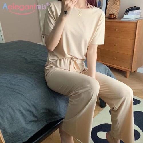 Aelegantmis Soft Casual 2 Pieces Set Women Home Suit Summer Elastic High Waist Solid Homewear Suit for Women T Shirt Pants Set