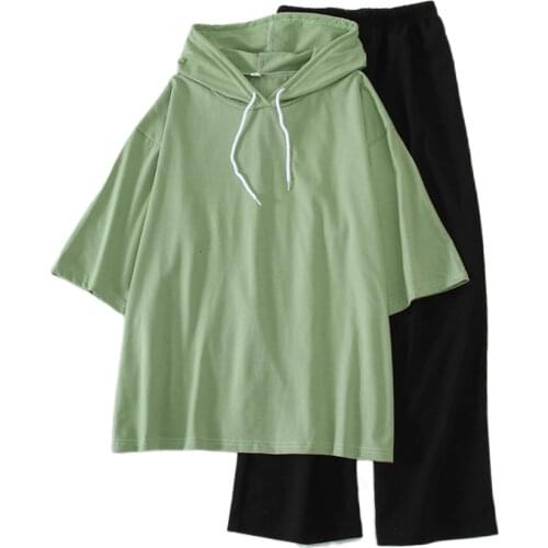 2021 summer Two Piece Set Women cotton Tracksuits casual loose Harajuku hooded T-shirts Elastic Waist wide leg pants Sweat-shirt