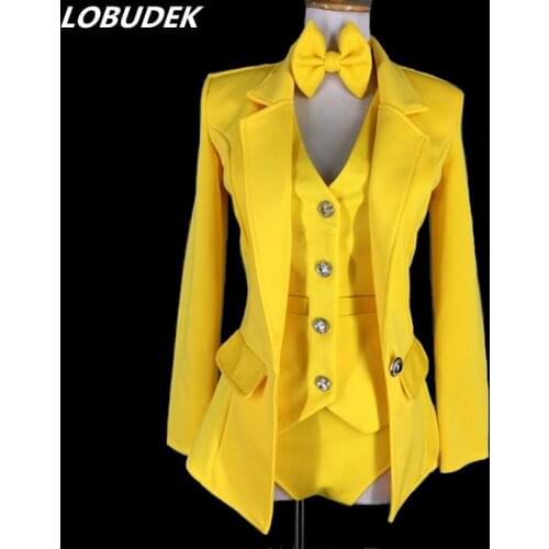 Female Modern Dance Costume Yellow Vest Coat Shorts 3 Pieces Set Jazz Dance Teams Performance Stage Outfit Nightclub DJ Costumes