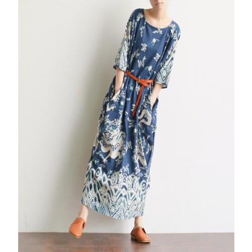 Women Chinese Natioanl Dragon Totem Print Robe Dress New Cotton linen Ankle-length gown Spring Summer Batwing Half Sleeve