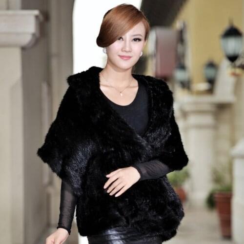 Winter Womens Genuine Natural Knitted Mink Fur Shawl Ruffle Border Wraps Lady Pashmina Cape VF0352
