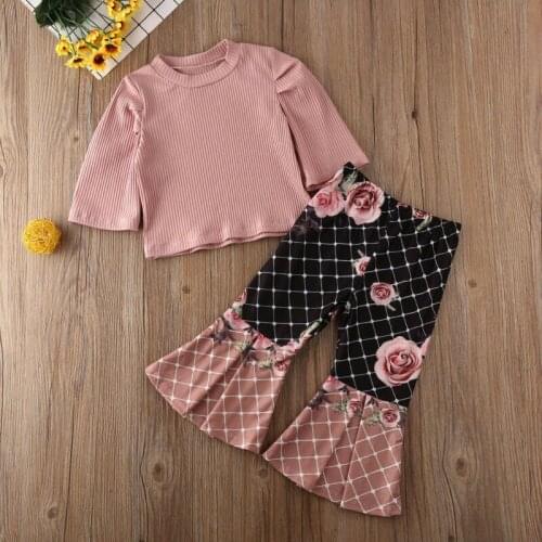 2021 Fashion Newborn Long Sleeve Kids Baby Girls Tops T-shirt Long Flower Bell-bottomed Pants Outfits Clothes Set 1-4T