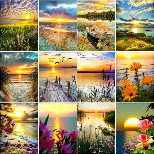 5D DIY Diamond Embroidery Sunset Diamond Painting Seaside Landscape Full Square Mosaic Rhinestones Art Home Decor Gift