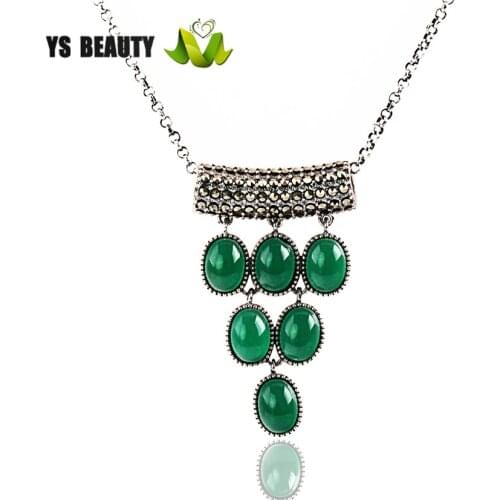 925 sterling silver inset green agate personality pendant fashion woman vintage style necklace spring summer dress with jewelry