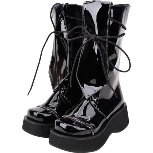 Angelic imprint Women motorcycle cool punk boots lady lolita shoes woman high heels pumps lace up 33-47 shiny patent leather