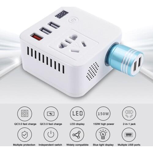 150W Car Power Inverter 12V to 220V Digital Converter Converter Adapter Modified Sine Wave QC 3.0 USB Charger Fast Charging