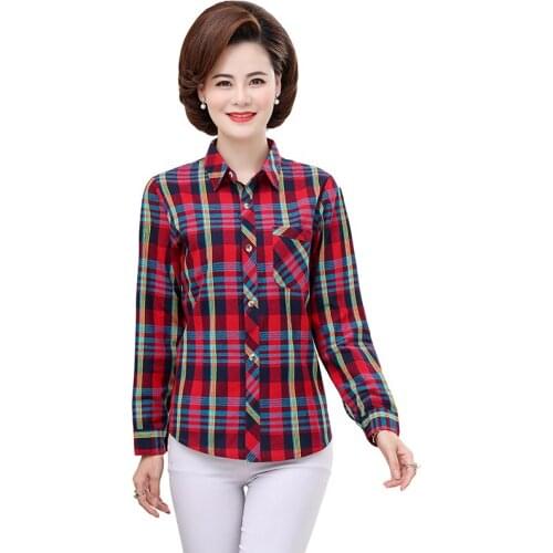 Middle-aged womens Long-sleeved Blouse Spring Autumn Cotton Loose Mother Plaid Blouse Plus size Casual Female Plaid Shirt Tops