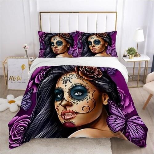 Skull Woman lady Duvet cover set 240x220 200x200 Bedding set Twin Queen King Double Bed linens Quilt cover Bedclothes purple