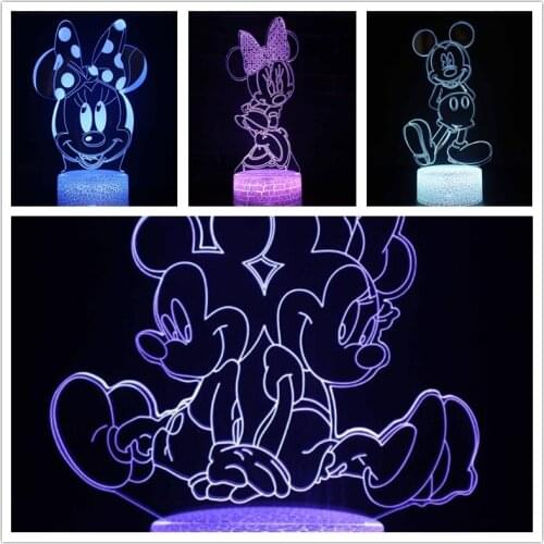 Disney Cartoon 3D Lamp Mickey Mouse Minnie Mouse LED Night Light Acrylic Touch Light Bedroom Decorative Illusion Table Lamp Gift