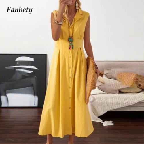Elegant Sleeveless Slim Long Party Dress Casual Female Lapel Button A-Line Shirt Dress Women Vintage Cotton Linen Solid Dresses