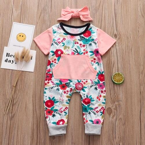 Newborn Baby Girls Rompers 2020 Summer Fashion Short sleeves jumpsuit+Headband 2 Pieces Infant bebe kids girls clothes