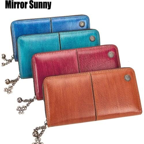 Womens Wallet Female 2020 New Retro Genuine Leather Long Large Capacity Card Bag Zipper Clutch Bag Mobile Phone Bag Purse