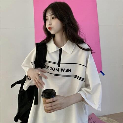 Summer Polo Shirt Japan Casual High Street T Shirt Hip Hop Punk Loose Student Shirt Vintage Polo Collar Letters Print