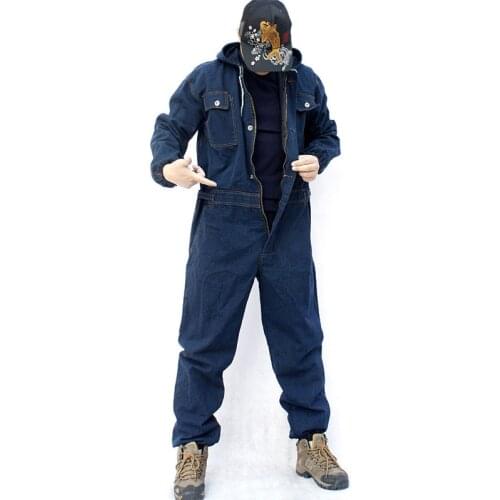 Mono de manga larga con capucha y multibolsillo para hombre, ropa de trabajo vaquera holgada de talla grande, azul oscuro, talla