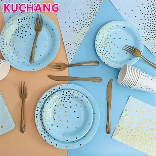 10pcs Pink Blue Bronzing Dot Disposable Tableware Set Cup Plate Paper Towel Birthday Party Supplies Baby Shower Wedding Decor