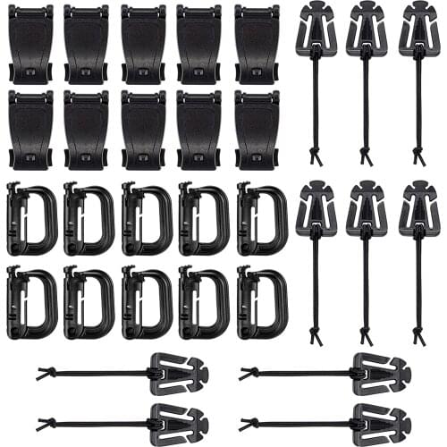Tactical Kit of 30pcs Attachments Gear Clip Buckle Strap D-ring Hooks for Molle Backpack Webbing Attachments Outdoor Tools