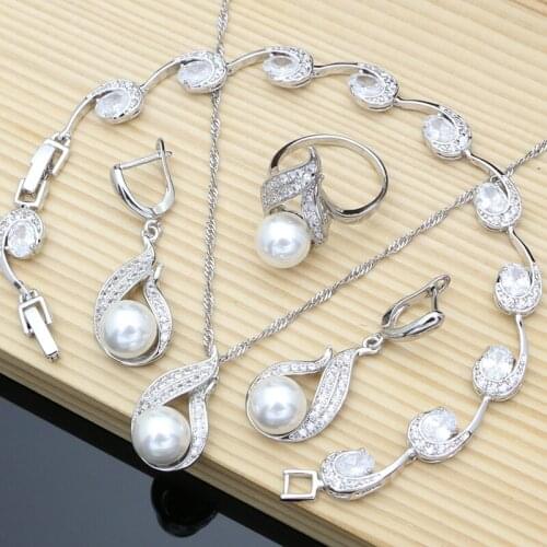 Silver 925 Bridal Jewelry Sets Natural White Zircon With Pearls Beads Women Wedding Earrings/Pendant/Necklace/Ring/Bracelet