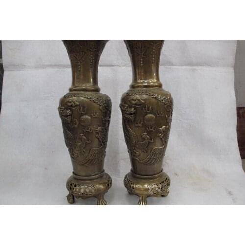Song voge gem S0629 Chinese Royal Copper Bronze Feng shui Dragon Phoenix Bead Bottle Pot Vase Pair