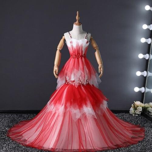 Flower Girl Dresses Illusion V-Neck Sleeveless Tulle Lace Crystal Embroidery Princess Spaghetti Straps Red Kids Party Gown H587