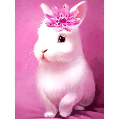 Pink Floral Headdress White Rabbit Diamond Painting Round Full Drill Cartoon Animal DIY Mosaic Embroidery 5D Cross Stitch Gifts