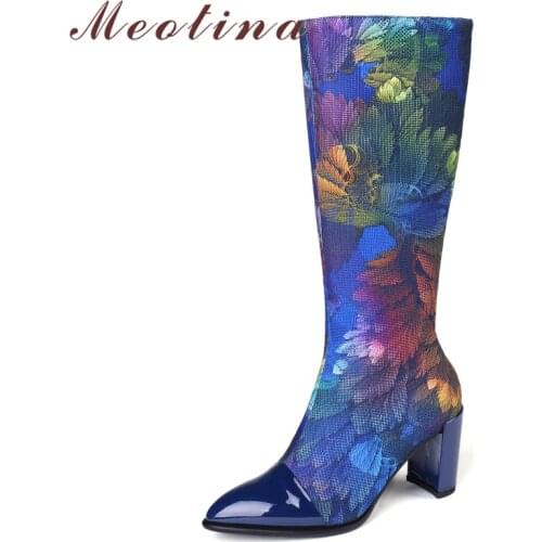 Meotina Winter Knee High Boots Women Genuine Leather Zip Thick High Heel Long Boots Silk Mixed Colors Pointed Toe Shoes Lady 43
