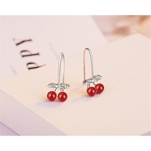 Cute Cherry Pendant Stud Earrings Bow Shape White Zircon Stud Earrings Cute Girl Dating Jewelry