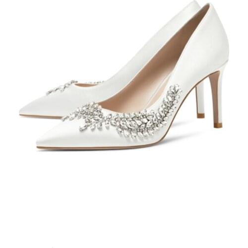 Silk pointed bridal wedding shoes spring 2021new rhinestone banquet dress single shoes small size shallow mouth high heels women