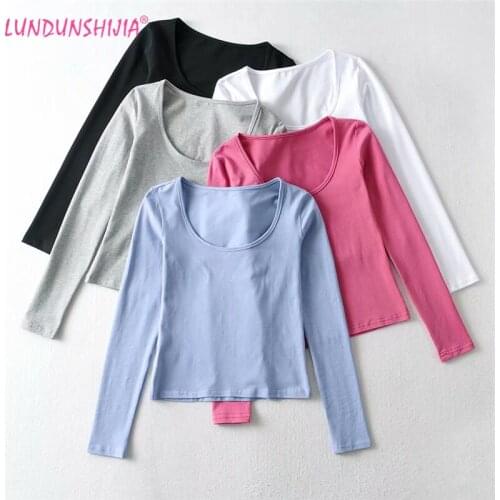 LUNDUNSHJIA Crop Tops For Women Sexy Female O-Neck Long-Sleeve Solid High-Waisted Navel-Baring T-Shirts