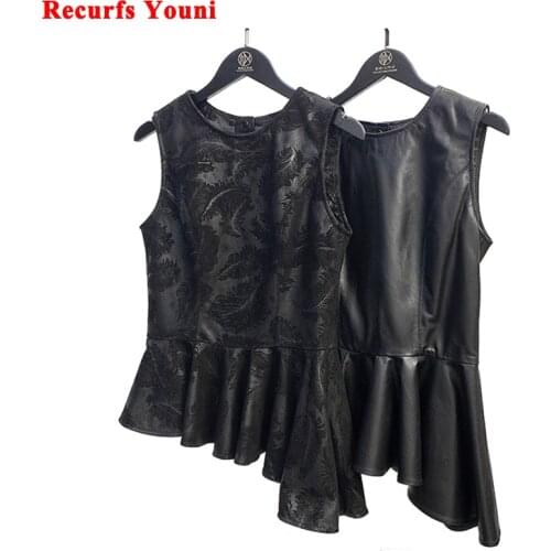 Vintage Women Genuine Leather Sleeveless Jacket Femme Retro Feather Printed Sheepskin Ruffled Vest Mujer Chic Round Neck Blouse