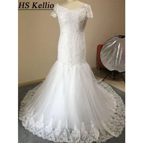 Gorgeous Mermaid Wedding Dress Off Shoulder Beaded Bodice Lace Appliques Trumpet Bridal Dress With Train