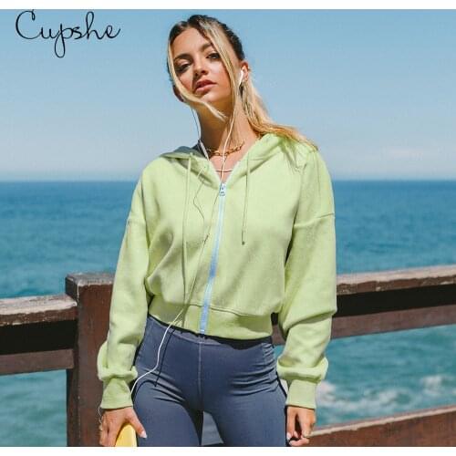 CUPSHE Green Flannel Drawstring Hoodie Top For Woman Casual Long Sleeve Sweatshirt 2021 Spring Autumn Zip Front Hoodie