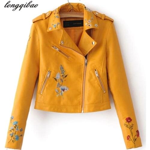 European and American women new floral embroidery zipper PU imitation leather motorcycle lapel Solid PU leather jacket AL7768
