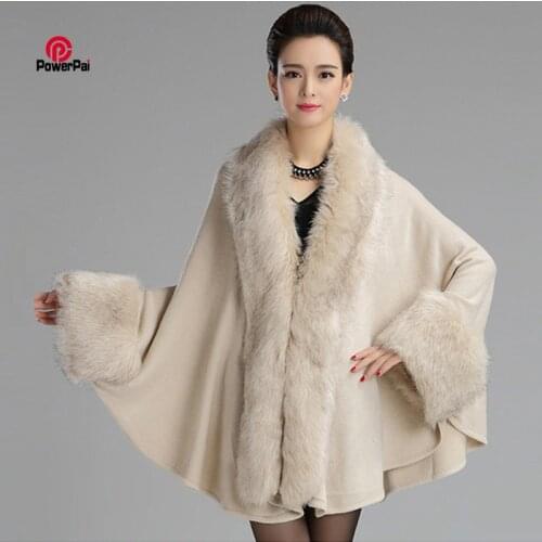 Autumn Winter Luxury Faux Fox Fur Poncho Cape Coat Women Big Banana Collar Shawl Cloak Knit Cashmere Cardigan Pashmina Wraps