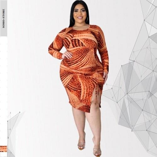 Plus Size Clothing Dresses 6XL Casual Long Sleeve Dress Slit Hem High Waist Elegant Vintage Dress Wholesale Dropshipping