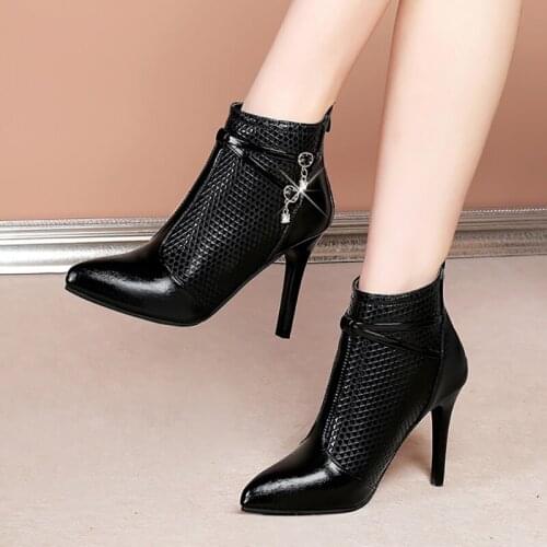 Women Boots 2021 Winter Autumn Super High Heels Dress Shoes Pointed Toe Ankle Boots Thin Heels botas mujer Stilettos Black 9402N