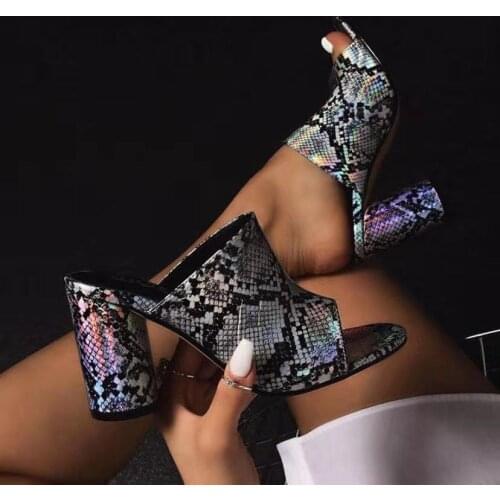 New Summer Slippers Women peep toe snake print leather woman slippers round high heels sexy shoes Woman668