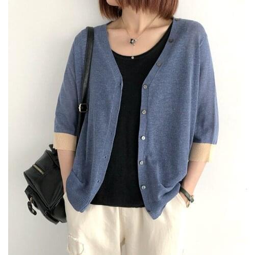 Linen Knitted Cardigan Womens Summer New Loose V-Neck Wild 3/4 Sleeve Thin Sun-Proof Air-Conditioning Shirts And Tops zh950
