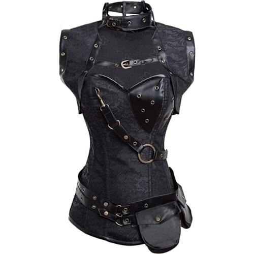 Womens Spiral Steel Boned Retro Goth Brocade Steampunk Overbust Corset with Jacket and Pocket