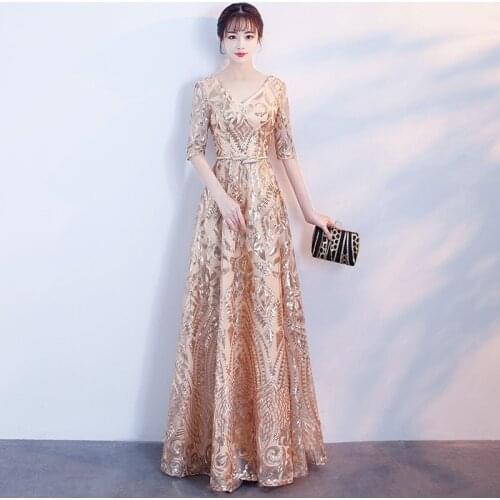 Gold Sequins Women Banquet A- Line Dresses Slim Sexy V-Neck Host Formal Gown Half Sleeve Elegant Evening Party Skirt