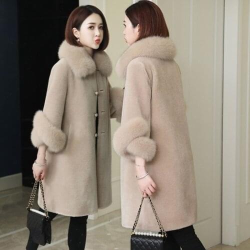 Women Winter Fox Collar Real Wool Coat Lady Natural Sheep Sheared Jacket Female Oversize Thick Warm Mid-Long Outerwear X82