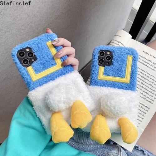 Winter Warm Fur Plush Phone Case for iPhone 12 Pro Max 11 Pro X XS MAX XR 6 7 8 Plus SE 2020 Silicon Case Duck Fluffy Fur Covers