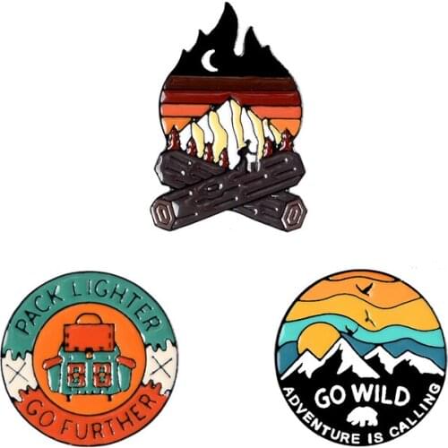 Go Wild Adventure Is Calling Enamel Pins Pack Lighter Go Further Round Lapel Brooches Bonfire Outdoor Travel Bag Badge Jewelry