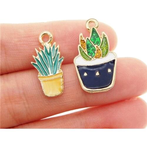 Julie Wang 10pcs Succulent Aloe Plant Shape Enamle Gold Color Base Alloy Colorful Pendant Charm Handmade Trinket Jewelry Finding