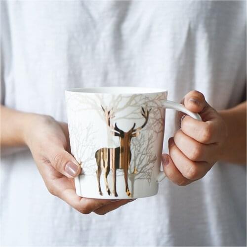 Gold Deer Ceramic Coffee Mug Creative Coffee Cup Water Breakfast Milk Cup 500ml