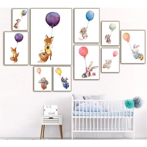 Rabbit Fox Elephant Deer Rhino Hedgehog Mouse Poster Animal Prints Flower Balloons Canvas Painting Abstract Baby Kids Room Decor