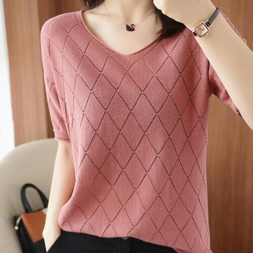 Summer Plaid Women T-Shirt Casual V-Neck Short Sleeve Female Pullover Cotton Knitted Tee Shirt Hollow Out Thin Clothes Tees Tops