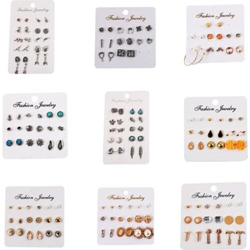 9 Style Brincos Geometric Simple Earrings Set for Women Vintage \Mixed Small Crystal Stud Earring Bohemian Wedding Party Jewelry