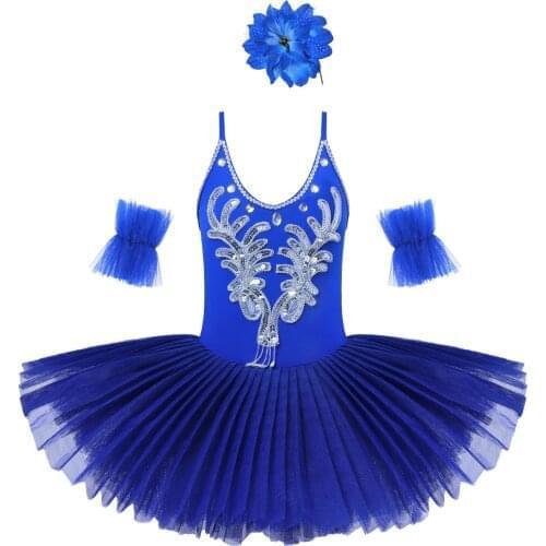 Kids Girls Ballet Leotard Spaghetti Shoulder Straps Rhinestone Sequins Beads Tutu Dress Swan Dance Costume with Hair Clip Set